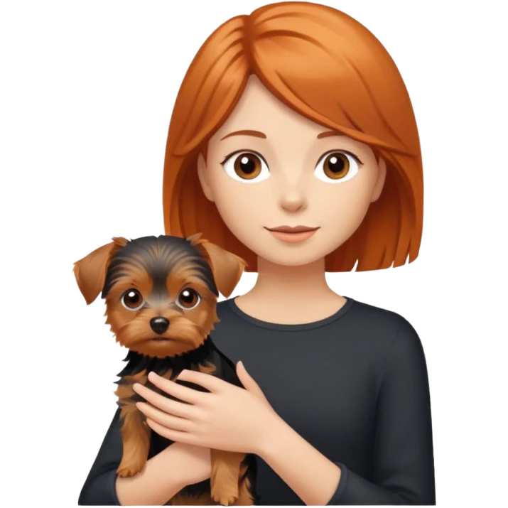 A girl with shoulder-length orange-brown hair holding a short-haired Yorkshire terrier. emoji