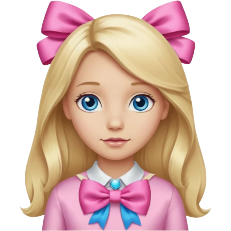 blonde girl long hair middle part, blue eyes,at with a bow emoji
