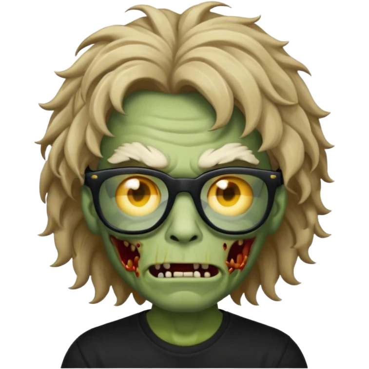 Crie um zumbi estilo emoji do iPhone com cabelo ondulado grande masculino com camiseta preta e óculos de grau preto emoji