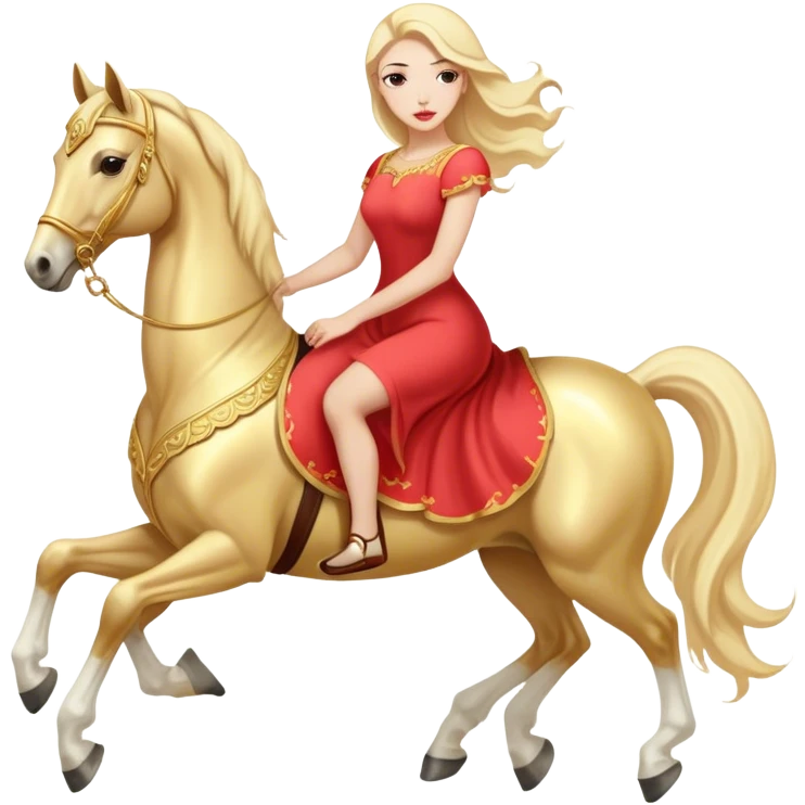"woman, in long slim pastel red", rides "horse gold and white" emoji