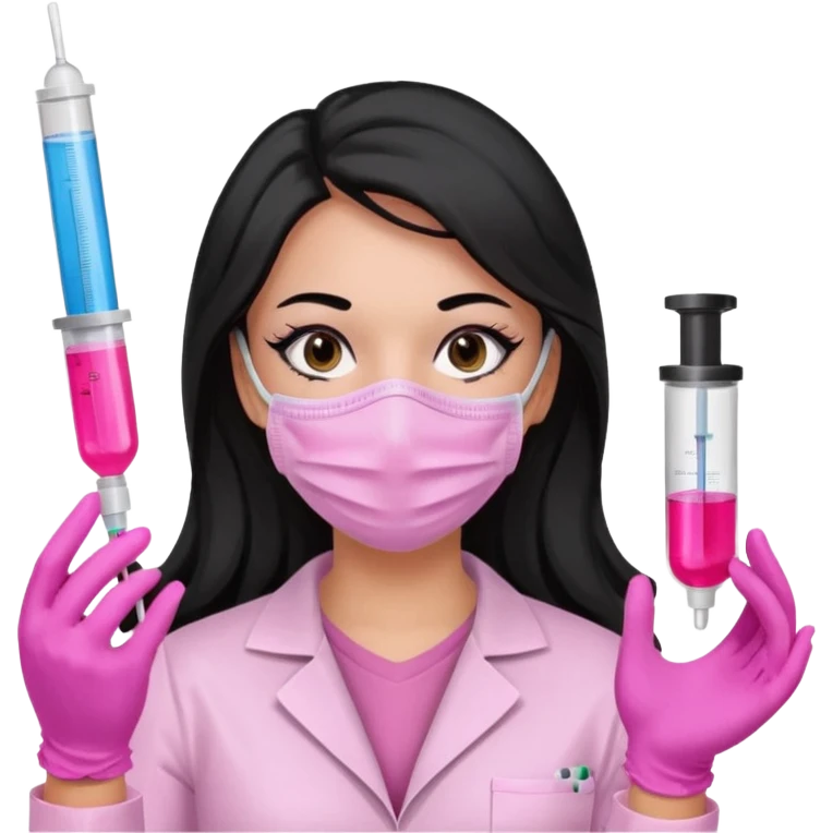 laboratorista con guantes rosa y mascarilla rosa  jeringa tubo laboratorio sin lentes  y  ojos negro cabello largo negro emoji