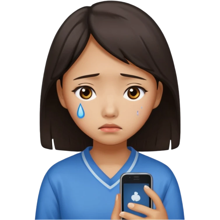 chinese teenage female having Heartbreak - feeling of deep sadness when love ends - holding cellphone emoji