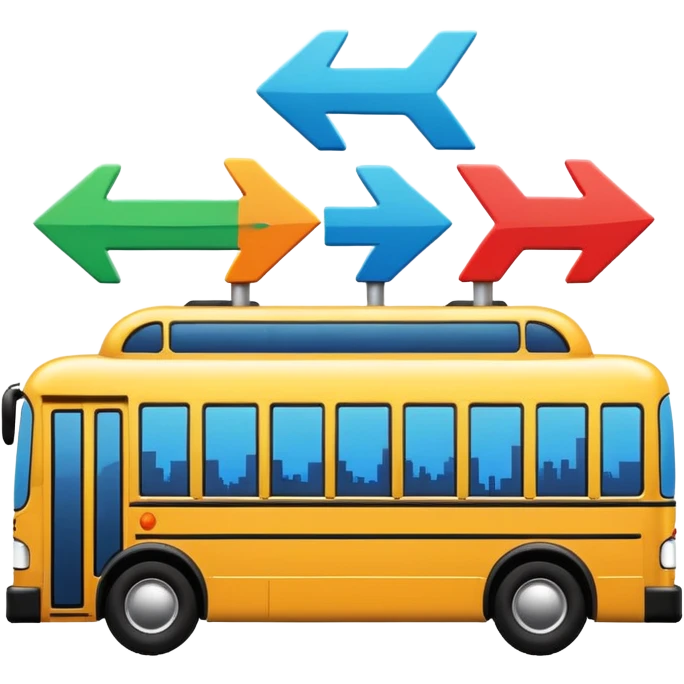 a sleek bus with three colorful arrow signs pointing to city icons, colorful Apple-style emoji look emoji