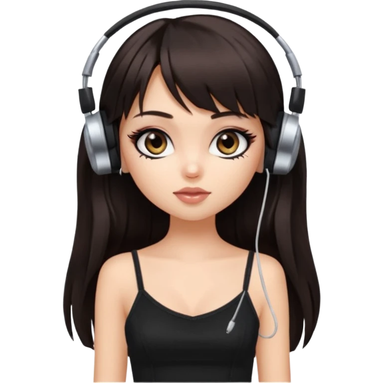 generate a pretty bratz girl in black cami top, dark brown straight long hair with bangs, eyeliner on, listeninh to music emoji