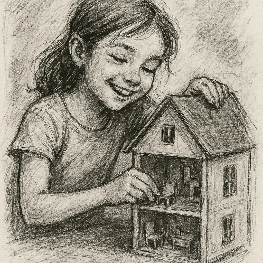 smiling girl arranging furniture in doll house emoji