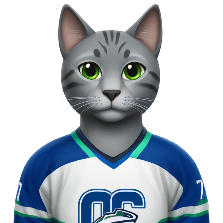 Grey cat wearing a canucks hockey jersey emoji