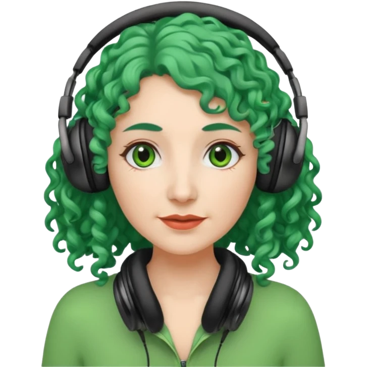 green haired earringed heaphone wearing middle aged woman very very curly long hair emoji