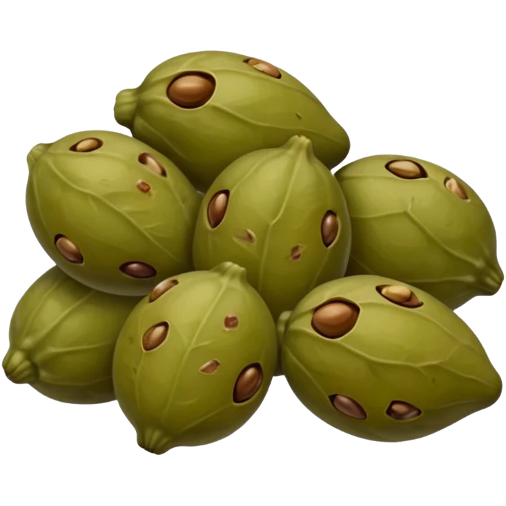 a few capers grouped together, olive green to brown, wrinkled skins, some with small stems, matte to light gloss, brined texture, no jar or garnish, soft lighting, emoji scale emoji