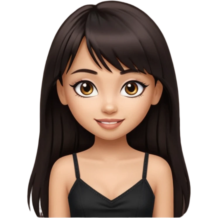 generate a pretty bratz girl in black cami top, dark brown straight long hair with bangs, eyeliner on. dark brown eyes emoji