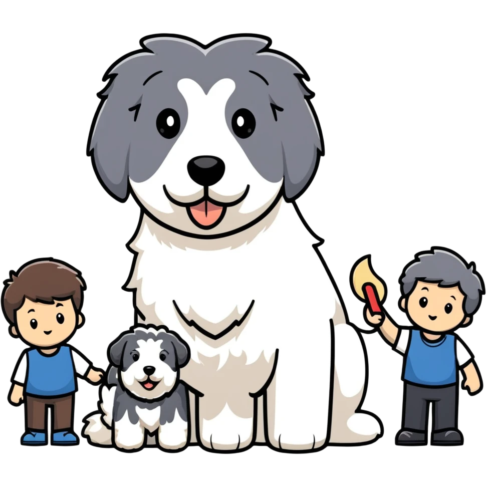 A family with mom, dad, three sons, and an Old English Sheepdog emoji