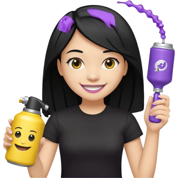 a girl with beautiful black hair, wearing a black t-shirt, smiling with yellow teeth, holding only a purple and silver spray can in her hand, genmoji emoji style, reference the attached can emoji