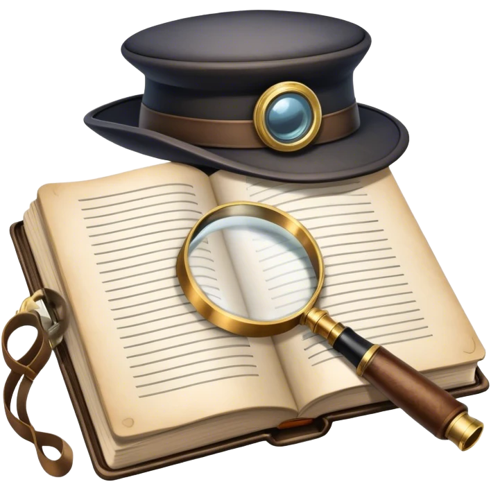 Icon for Detective Reading: an open book with a magnifying glass, a detective’s hat, and a notebook with clues, surrounded by dark shadows and mysterious elements like footprints and a smoking pipe. Transparent background. emoji