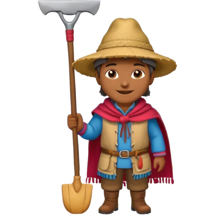 3D emoji style illustration of a Peruvian Andean farmer, wearing traditional chullo hat and poncho, holding a hoe, smiling, mountains in background, bright natural colors, bold outlines, glossy sticker style, transparent background emoji