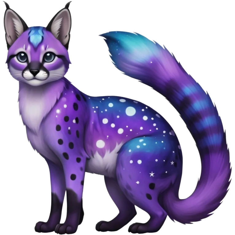 Colorful black-violet-indigo-purple-gradients nebulae nebula starry galactical shiny white-stars-spotted glorious iridescent divine exotic cute cool beautiful realistic caracal-civet-genet-sergal-vernid-Cacomistle-oncilla-animal-Fakémon-hybrid-fursona (full body) emoji