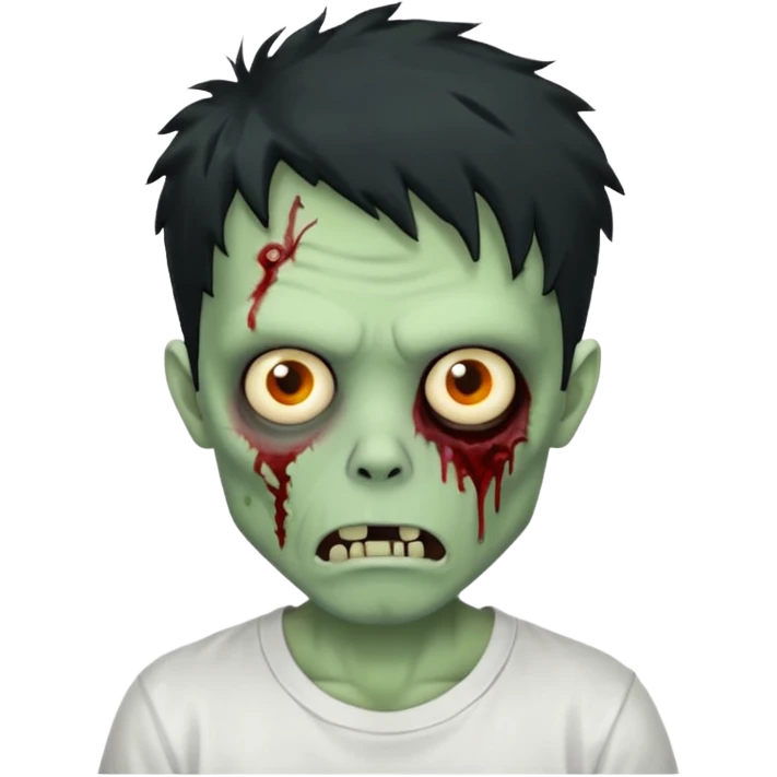 Rosto de frente classico de zombie boca meio torta cabelos medios pretos bagunçados low fade com pele verde clara camiseta branca emoji