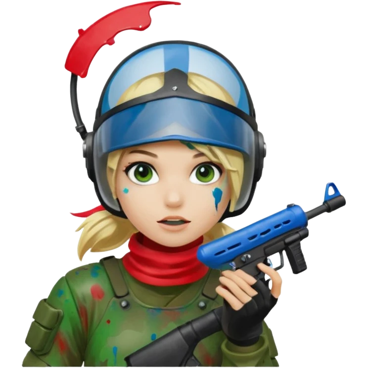 blond girl playing paintball with red paintball helmet, only face emoji