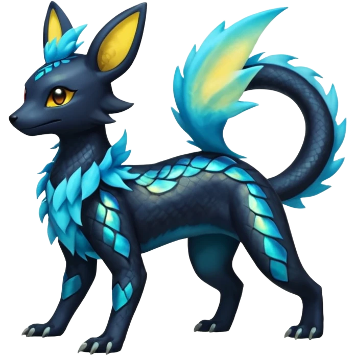 Shiny Iridescent Helioptile-Salandit-Umbreon-Flareon-Jolteon-Fakémon-hybrid-creature (full body)  emoji