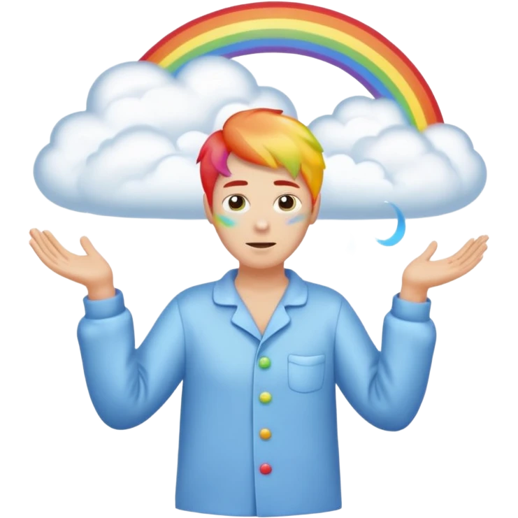 person in pajamas conjuring a swirling rainbow cloud emoji