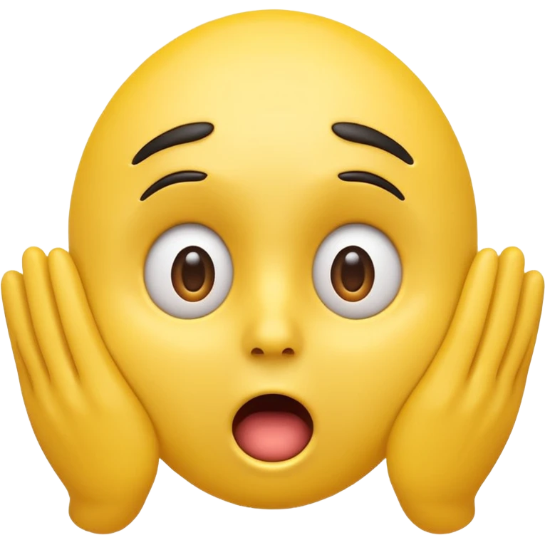 A 3D glossy yellow emoji of a shocked horrified face, with mouth and eyes are wide open, eyebrows  raised, and hands against their face, black background, high quality, soft studio lighting emoji