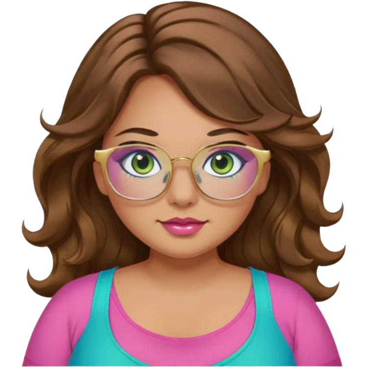 Girl girl long wavy brown hair, green/blue/gold eyes, plus size, pink girly top, eyelashes, tan skin, gold glasses emoji