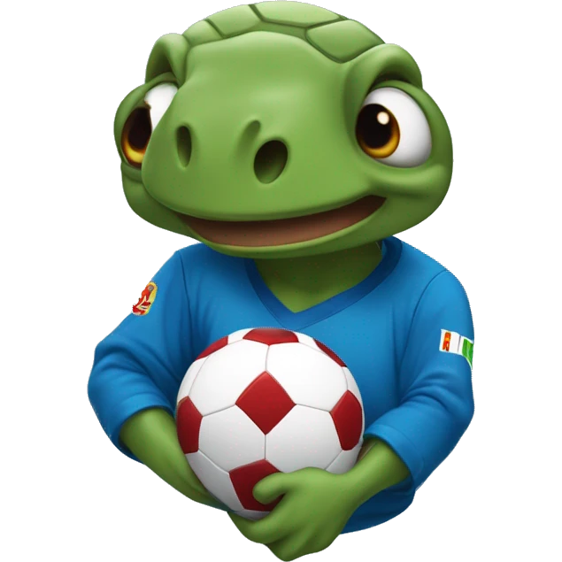 tortuga jugando futbol con una camiseta azul con rojo emoji