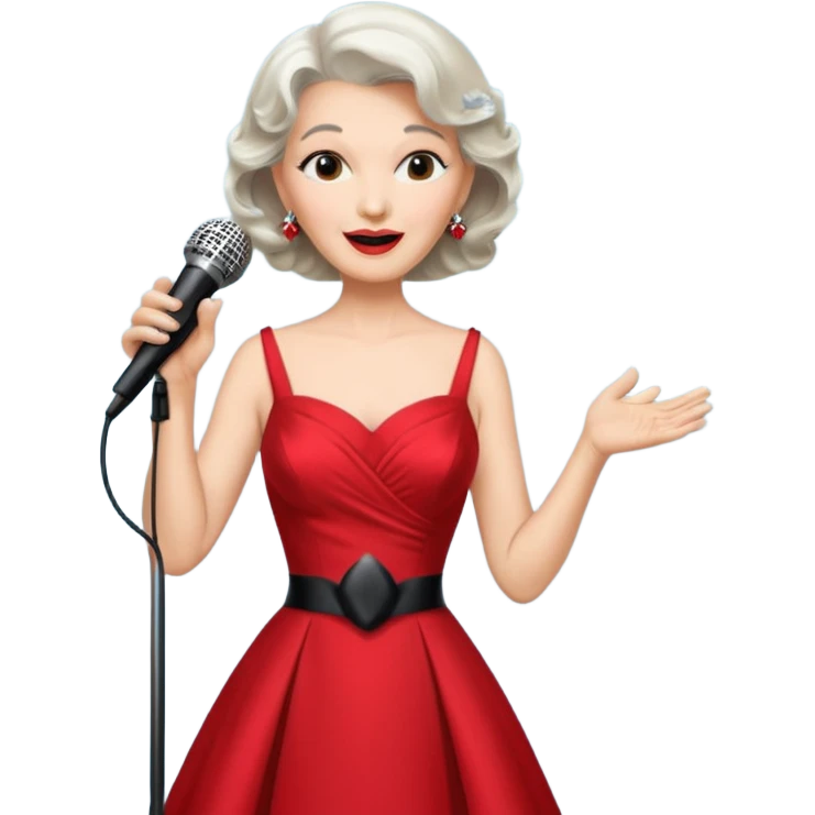 Older woman – elegant gown, 50s, diva, red dress, singing into mic emoji