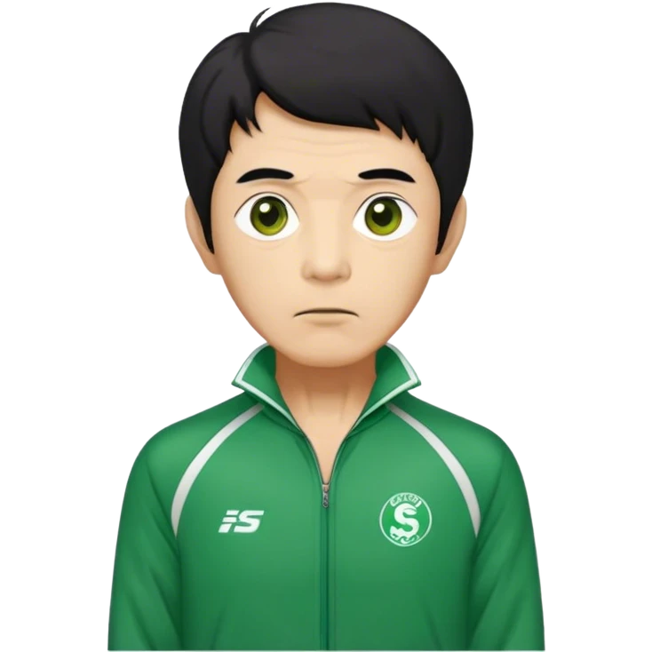 Seong Gi-hun : age 70, skinny and bony face, very small mouth, thick eyebrows deep eyes, unkempt black hair , Green player tracksuit. emoji