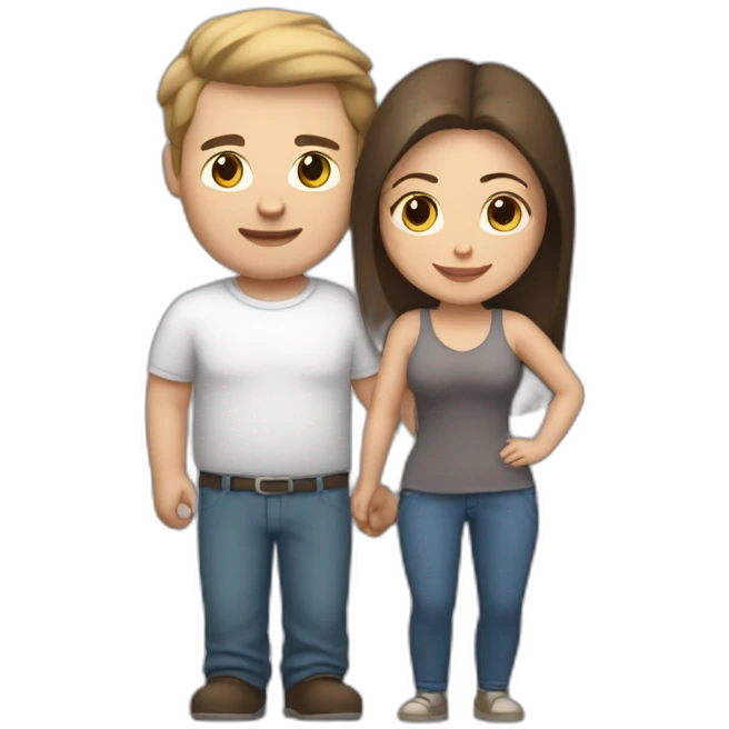 white brun man and brunette woman with a fat gray cat in their arms emoji