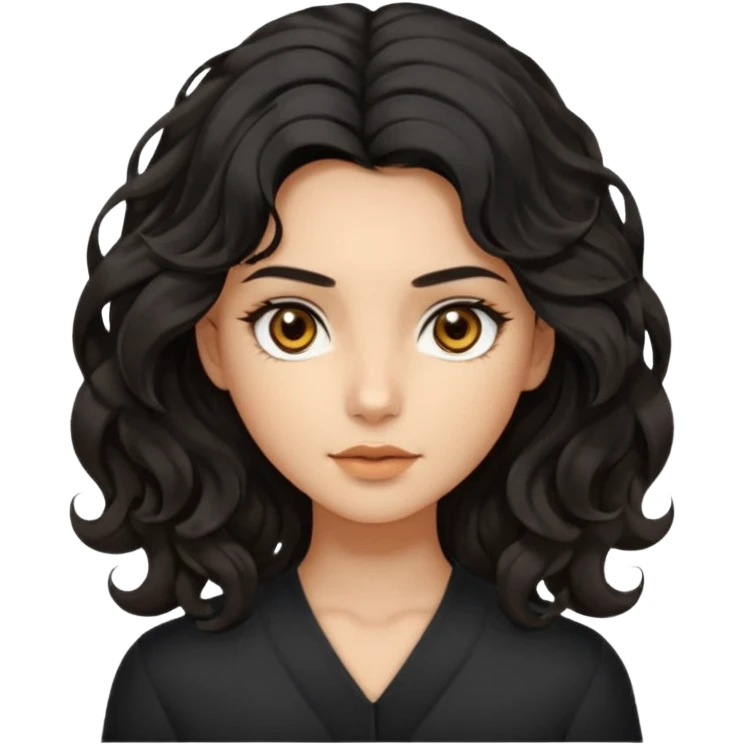 this avatar of girl has shoulder-length black wavy hair with loose curls framing the face, and a long, pointed face with golden-brown eyes and a calm, neutral expression. emoji