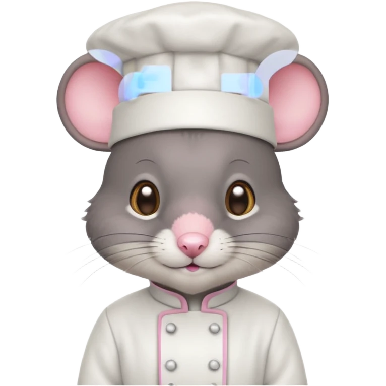 dark gray mouse with large round ears, brown eyes, and a small pink nose, wearing a white chef’s hat emoji