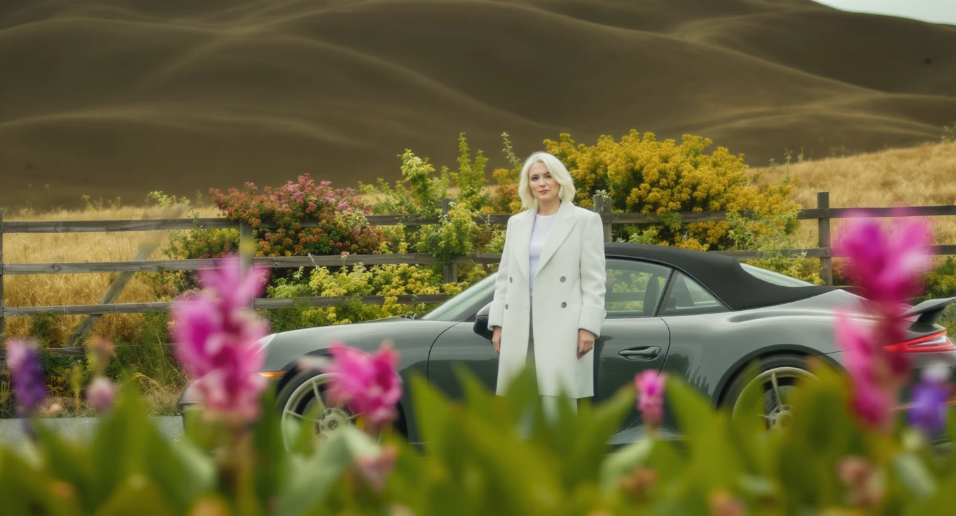 A portrait of a white person next to porsche 911 in the foreground, blurred plants in the foreground, a wooden fence and colorfull flowers in the midground, rolling hills in the background, cinematic depth of field, layered composition, natural lighting emoji