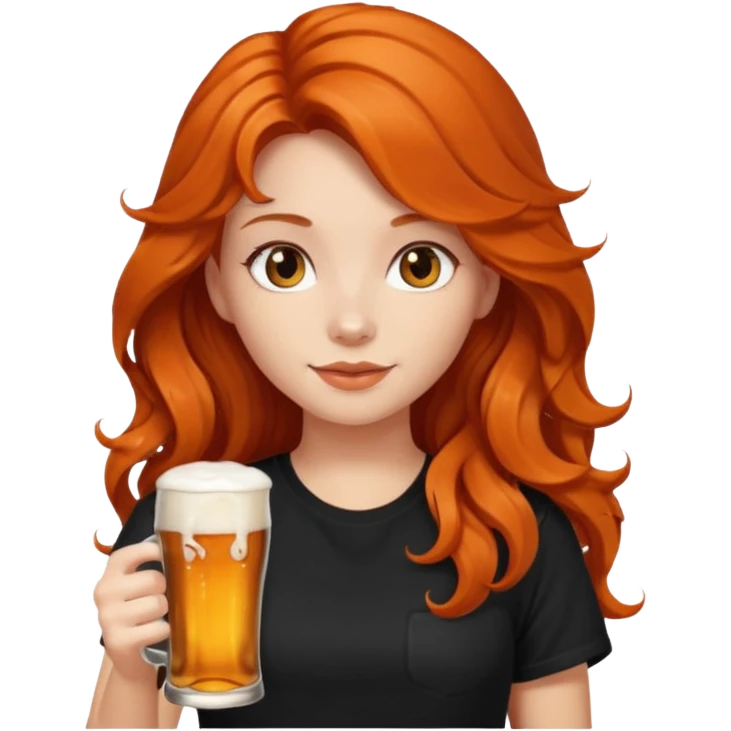 Girl with dark long orange wavy hair and black t-shirt with beer on hand emoji