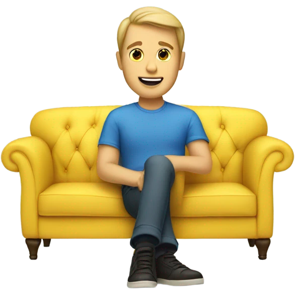 White human male in blue dress, sitting on jellow couch  emoji