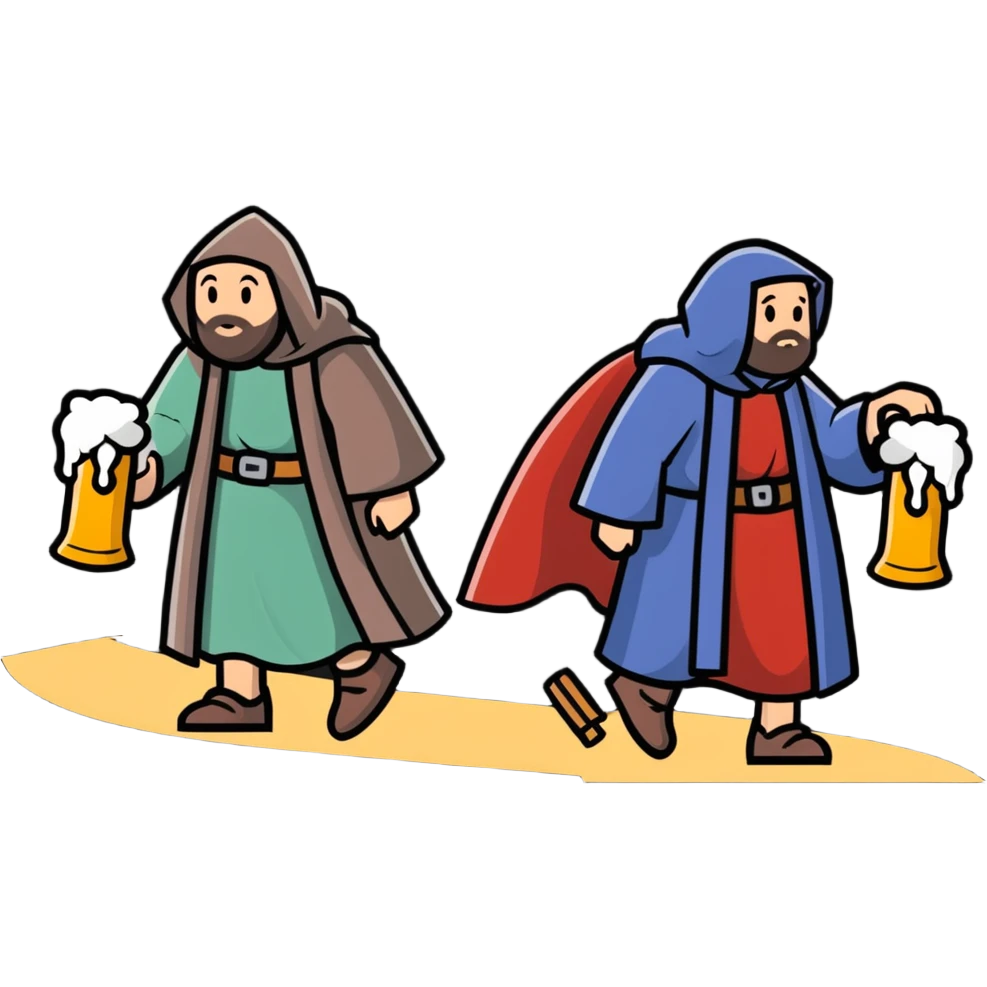 medieval pilgrims walking on a journey path with cloaks and beer bottles emoji