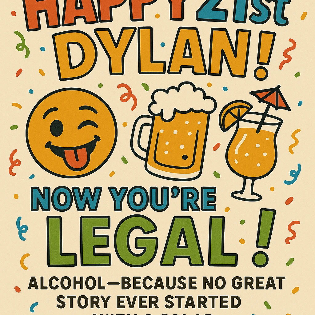 Add the funny drink quote: 'Alcohol—because no great story ever started with a salad.' Keep all original graphics and style. emoji