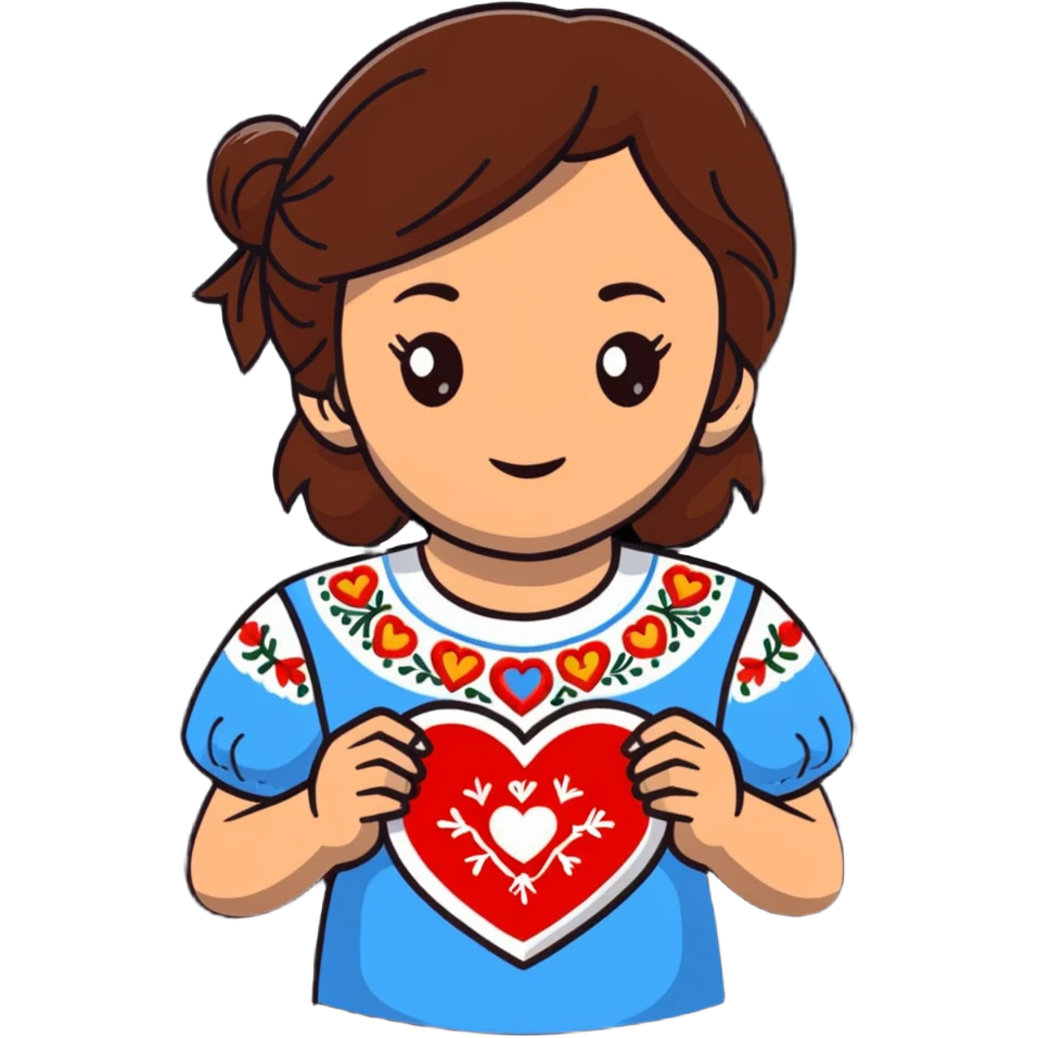 A beautiful young girl with brown hair in a Ukrainian embroidered shirt is holding a large embroidered heart emoji
