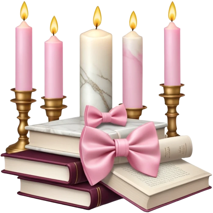 Aesthetic candles, flower petals, bow tie, books, marble stand emoji