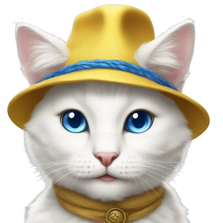 White Cat ,chasseur ,smile ,blue eyes ,anthro , yellow feather hat emoji