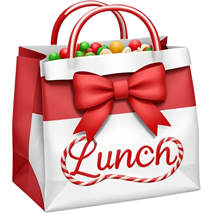 christmas paper lunch bag with the word lunch on it and a bow and candycanes emoji