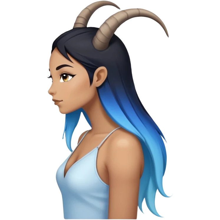 Art of a human woman's very very sexy body scheme anatomy-very long straight black to blue hair ombre-left side view-small goat horns emoji
