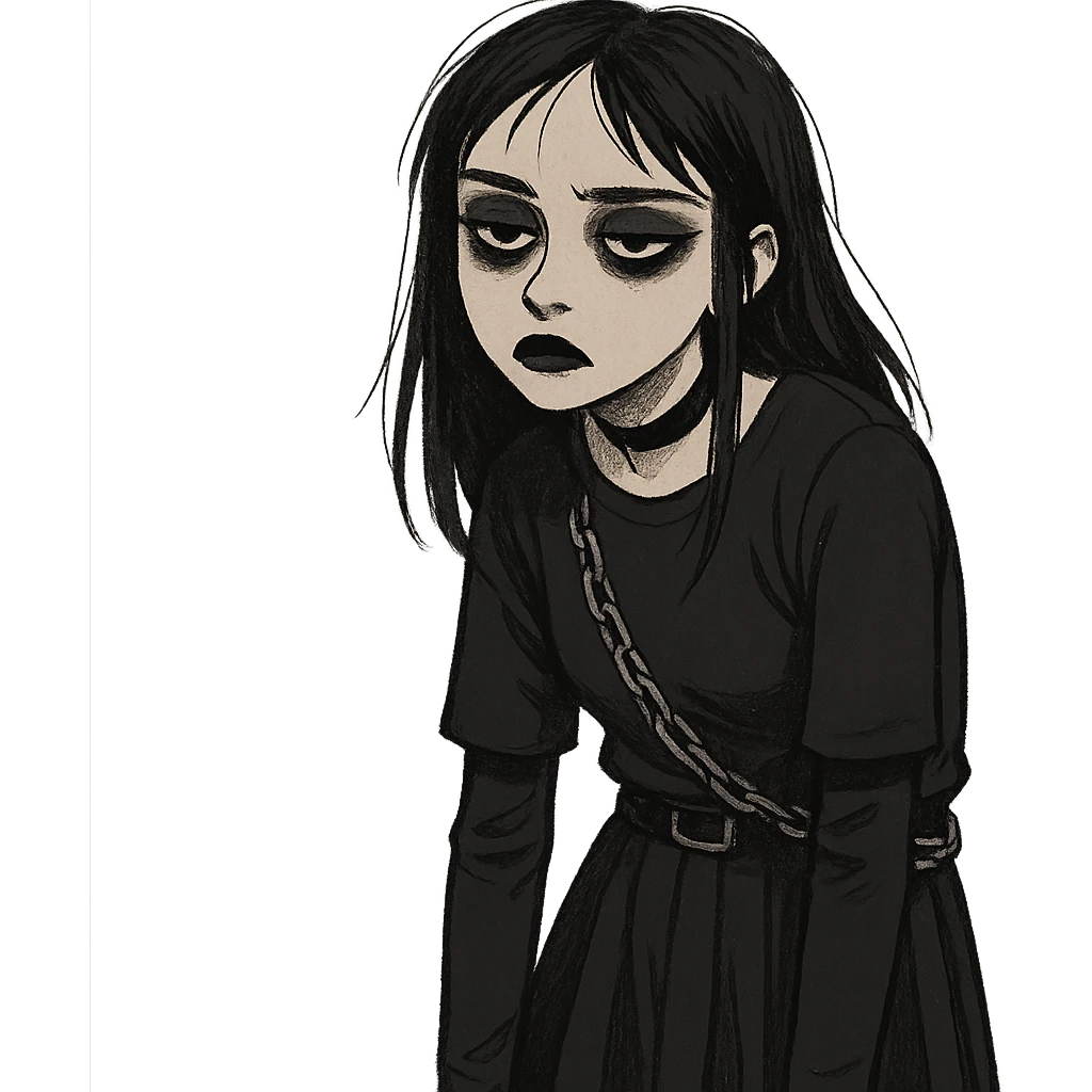 goth girl with an apathetic expression, dark clothes, black lipstick, heavy eyeliner, slouched posture, cannot be bothered emoji