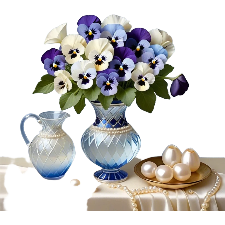 A carefully arranged still life featuring a crystal vase filled with an enchanting mix of soft blue and creamy white pansies, their petals unfolding like miniature works of art. A string of pearls is casually draped beside the vase, reflecting a subtle iridescence under candlelight. The backdrop is a hand-painted silk fabric in gentle shades of pearl and ivory, its smooth texture enhancing the refined beauty of the floral display emoji