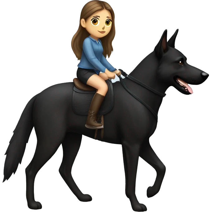 Brown hair girl in ponytail riding black German shepherd like horse emoji