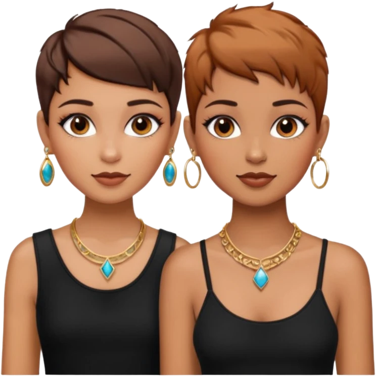 Puerto Rican fair skin straight brown pixie cut hair with hoop earrings make up and my best friend brown  colored pixie cut with jewelry and makeup on her caramel color face besties side-by-side wearing black  emoji
