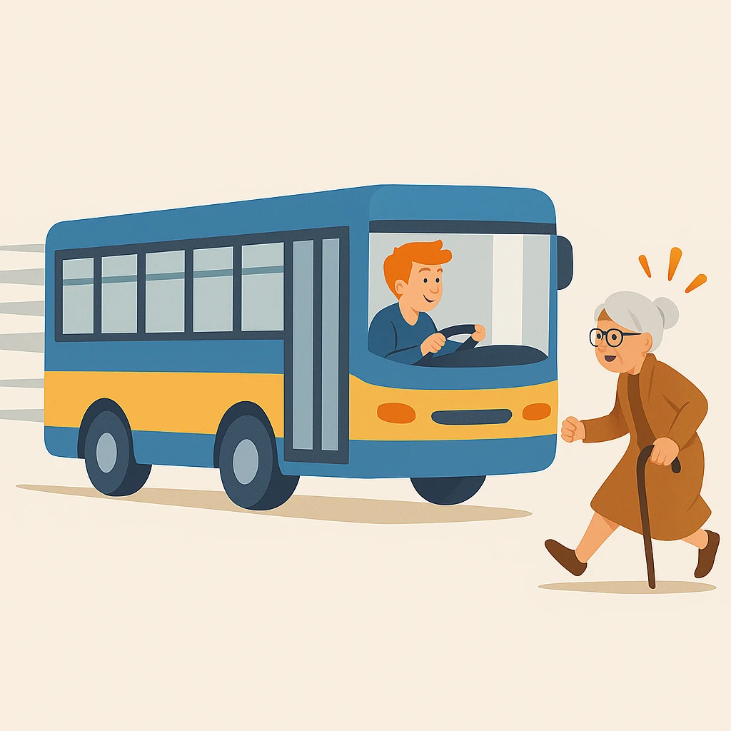 old lady should run to reach the bus, the driver is man under 30 with orange hair emoji