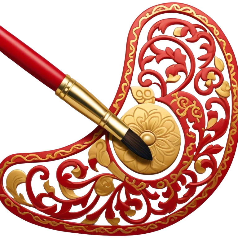 Chinese metal painting icon, metal surface being hand-painted with a fine brush, intricate Chinese patterns in red, gold, and black, visible brush strokes in progress, no finished artwork, just the process of painting with a brush, delicate details, minimalistic style, clean lines, transparent background. emoji