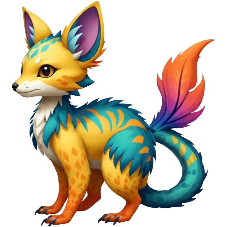 Beautiful pretty cool edgy elegant realistic Feral Rare Fantasy colorful vibrant Vernid-Trico-species-Fakemon-creature by LiLaiRa, random markings, tufted tail, tufted ears, full body emoji