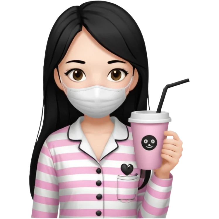 chica de pelo lacio color negro cabellera larga piyama blanca con rayas rosa claras peo no tan claras no oscuras el bordado es negro al igual que los botones )tiene una mascarilla para la carablanca y sostiene y cafe con bolitas nedras al dondo con unsorbete tranparente y es de test blanca  emoji