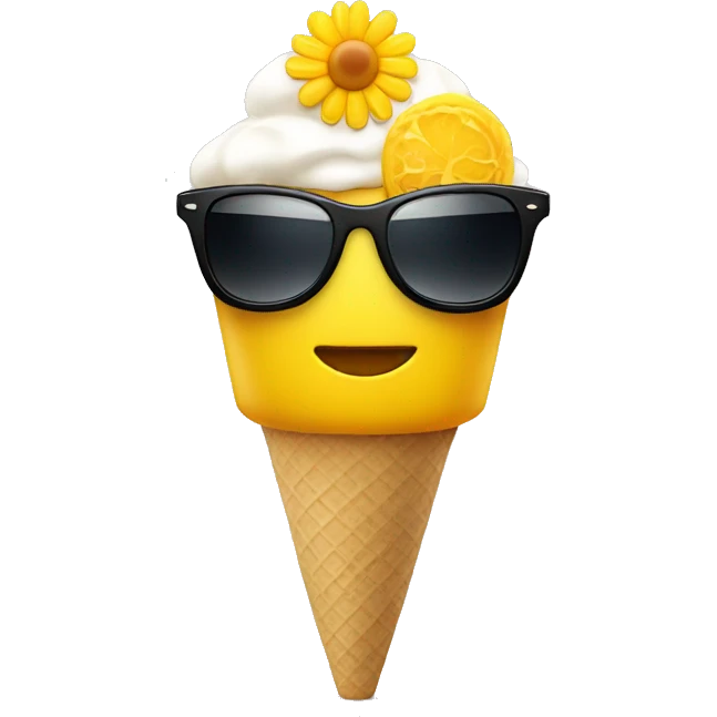 a yellow head with a flower on its head and sunglasses; holding an ice cream emoji