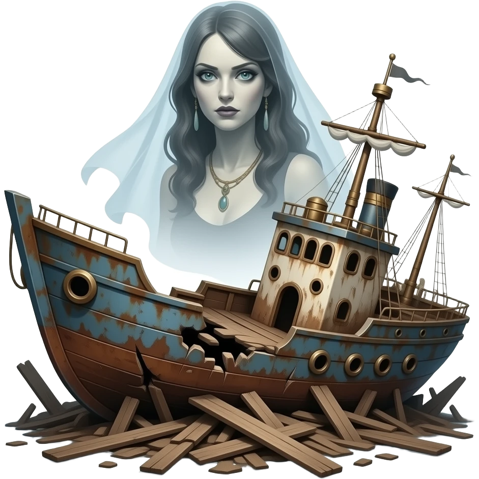 steampunk - a broken boat with a terrifying female apparition around which a transparent veil flutters hovers emoji